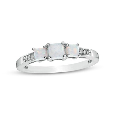 Princess-Cut Lab-Created Opal and Diamond Accent Three Stone Ring in 10K White Gold