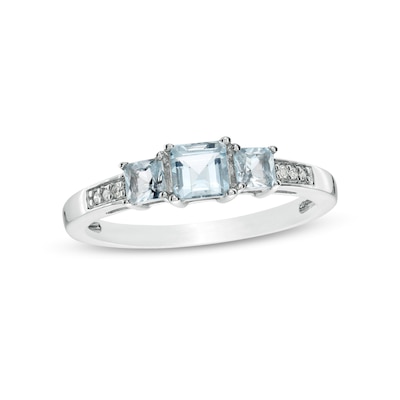 Princess-Cut Aquamarine and Diamond Accent Three Stone Ring in 10K White Gold