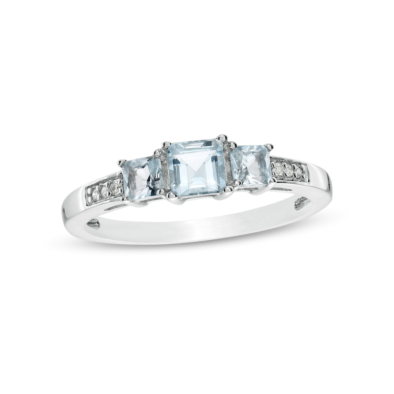 Princess-Cut Aquamarine and Diamond Accent Three Stone Ring in 10K White Gold|Peoples Jewellers