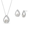 Thumbnail Image 0 of Button Freshwater Cultured Pearl and White Lab-Created Sapphire Teardrop Pendant and Earrings Set in Sterling Silver