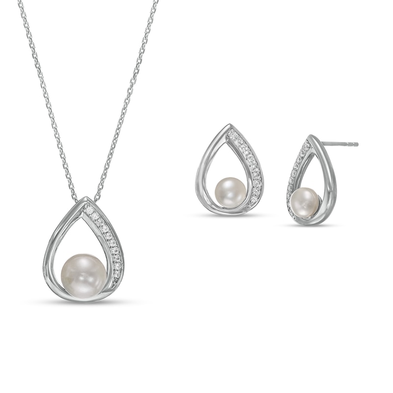 Button Freshwater Cultured Pearl and White Lab-Created Sapphire Teardrop Pendant and Earrings Set in Sterling Silver