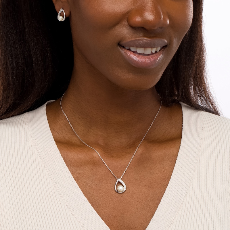 Button Freshwater Cultured Pearl and White Lab-Created Sapphire Teardrop Pendant and Earrings Set in Sterling Silver