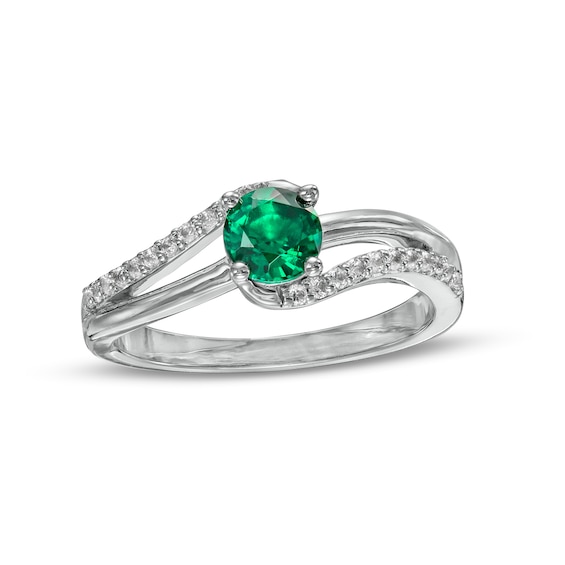 5.0mm Lab-Created Emerald and White Sapphire Bypass Split Shank Ring in Sterling Silver