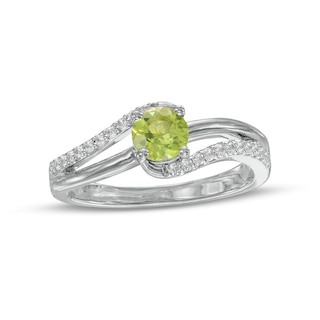 5.0mm Peridot and White Lab-Created Sapphire Bypass Split Shank Ring in Sterling Silver