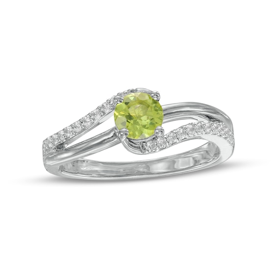 5.0mm Peridot and White Lab-Created Sapphire Bypass Split Shank Ring in Sterling Silver