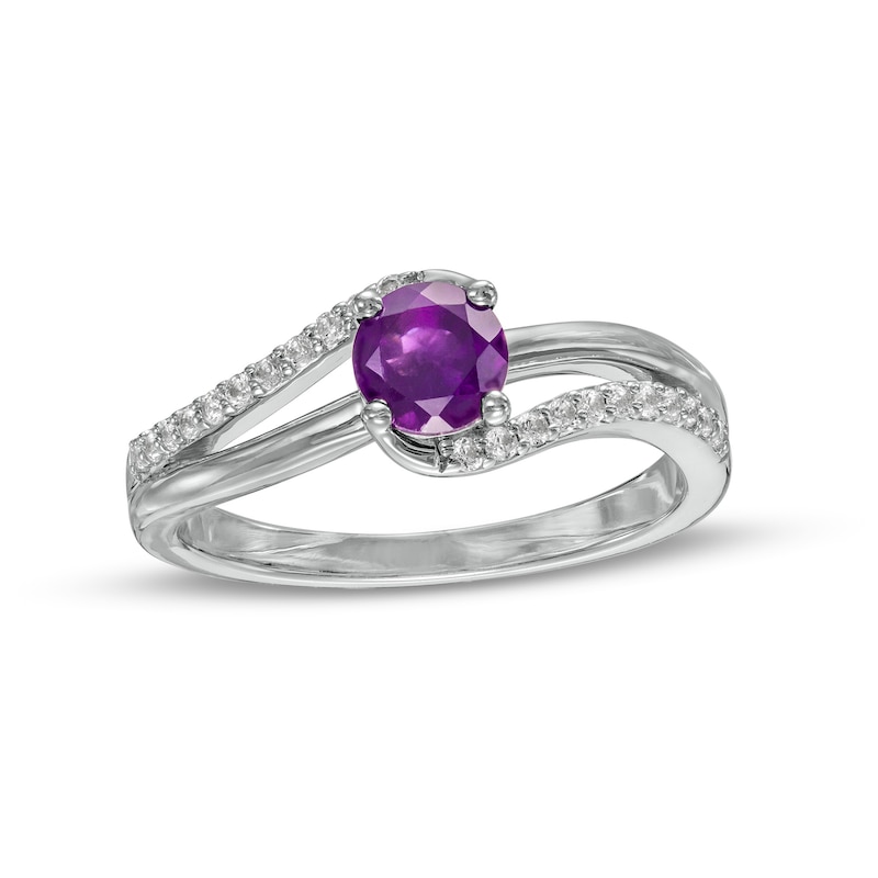 5.0mm Amethyst and White Lab-Created Sapphire Bypass Split Shank Ring in Sterling Silver|Peoples Jewellers
