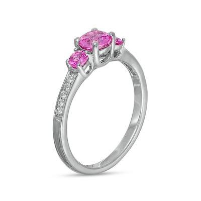 Pink and White Lab-Created Sapphire Three Stone Ring in Sterling Silver