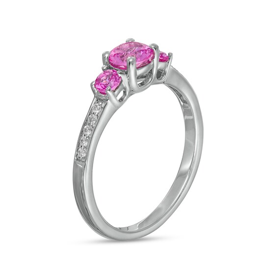 Pink and White Lab-Created Sapphire Three Stone Ring in Sterling Silver