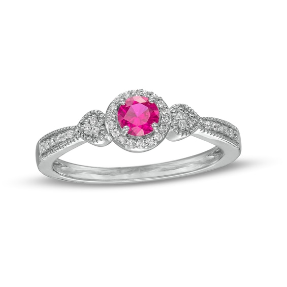 4.0mm Lab-Created Ruby and 0.06 CT. T.W. Diamond Frame Heart-Sides Vintage-Style Ring in Sterling Silver