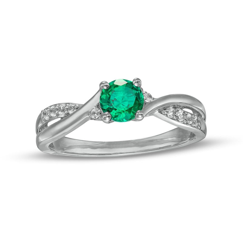 5.0mm Lab-Created Emerald and White Sapphire Criss-Cross Split Shank Ring in Sterling Silver