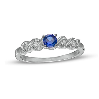 4.0mm Blue Lab-Created Sapphire and 0.04 CT. T.W. Diamond Cascading Ribbon Shank Ring in Sterling Silver