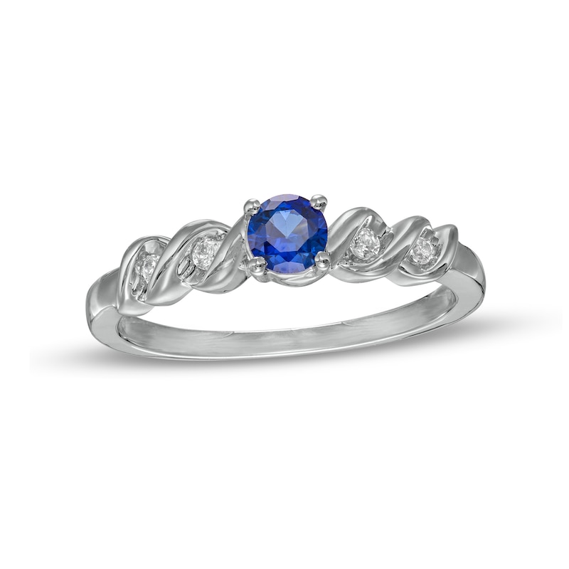 4.0mm Blue Lab-Created Sapphire and 0.04 CT. T.W. Diamond Cascading Ribbon Shank Ring in Sterling Silver|Peoples Jewellers