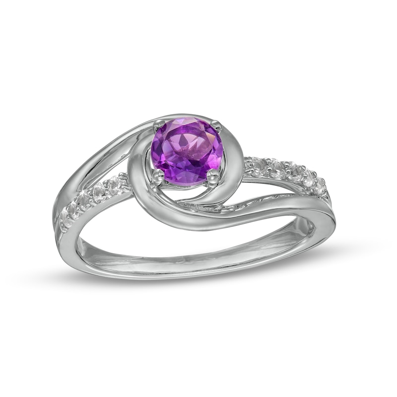 5.0mm Amethyst and White Lab-Created Sapphire Bypass Frame Ring in Sterling Silver|Peoples Jewellers
