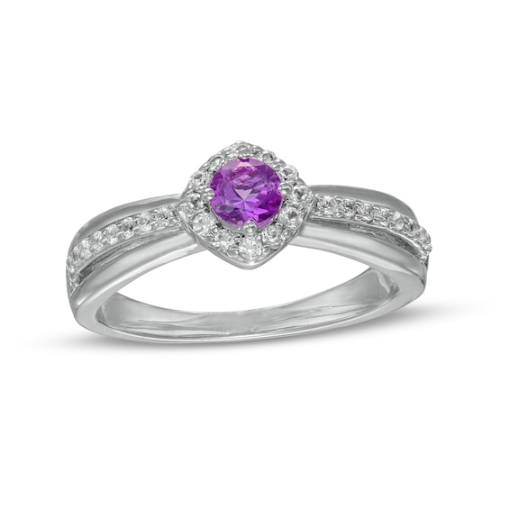 4.0mm Amethyst and White Lab-Created Sapphire Tilted Frame Ring in Sterling Silver