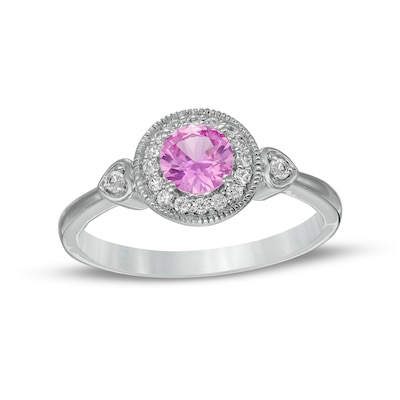 5.0mm Pink and White Lab-Created Sapphire Frame Heart-Sides Ring in Sterling Silver