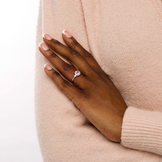 5.0mm Pink and White Lab-Created Sapphire Frame Heart-Sides Ring in Sterling Silver