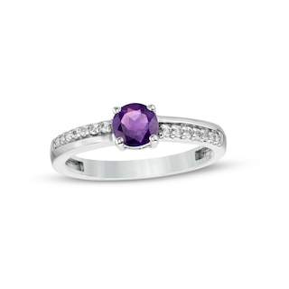 5.0mm Amethyst and White Lab-Created Sapphire Mirrored Shank Ring in Sterling Silver