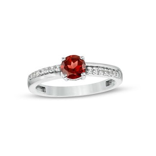 5.0mm Garnet and White Lab-Created Sapphire Mirrored Shank Ring in Sterling Silver