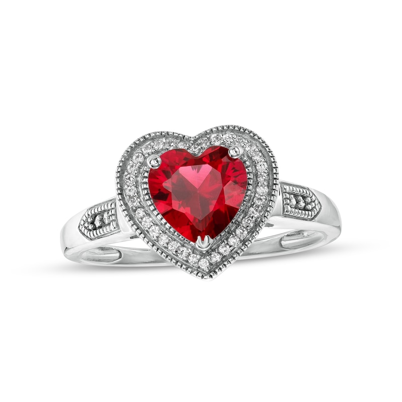 Heart-Shaped Lab-Created Ruby and 0.04 CT. T.W. Diamond Frame Vintage-Style Ring in Sterling Silver|Peoples Jewellers