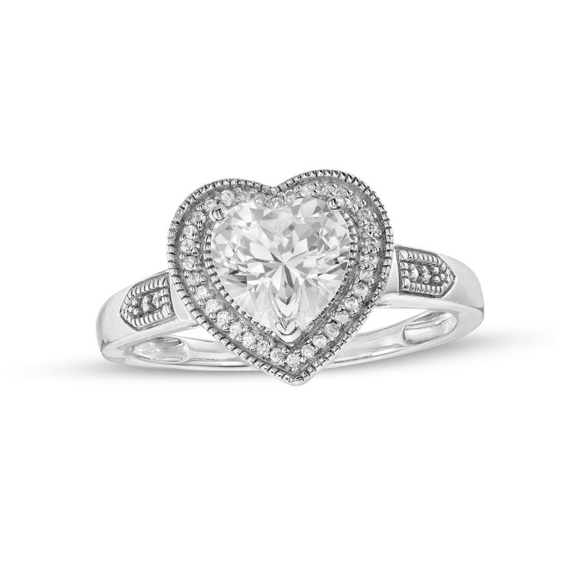 Heart-Shaped White Lab-Created Sapphire and 0.04 CT. T.W. Diamond Frame Vintage-Style Ring in Sterling Silver