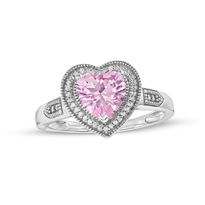 Main Image 1 of Heart-Shaped Pink Lab-Created Sapphire and 0.04 CT. T.W. Diamond Frame Vintage-Style Ring in Sterling Silver