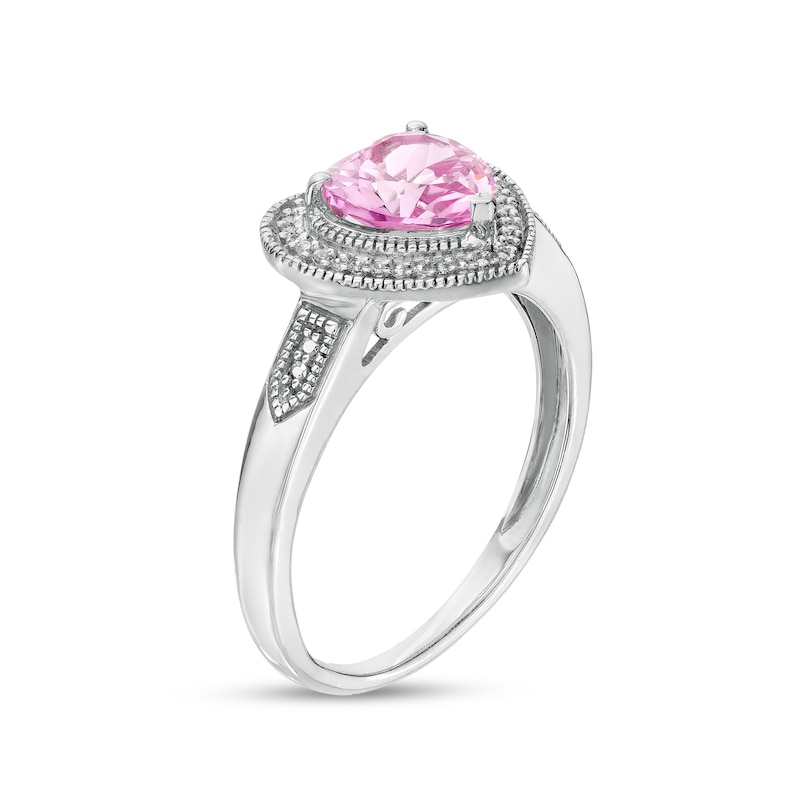 Main Image 3 of Heart-Shaped Pink Lab-Created Sapphire and 0.04 CT. T.W. Diamond Frame Vintage-Style Ring in Sterling Silver