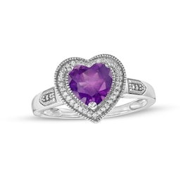 Heart-Shaped Amethyst and 0.04 CT. T.W. Diamond Frame Vintage-Style Ring in Sterling Silver