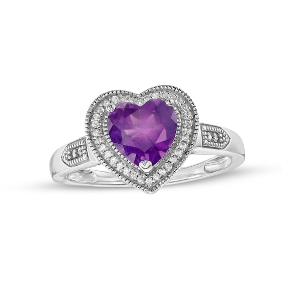 Heart-Shaped Amethyst and 0.04 CT. T.W. Diamond Frame Vintage-Style Ring in Sterling Silver