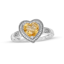 Heart-Shaped Citrine and 0.04 CT. T.W. Diamond Frame Vintage-Style Ring in Sterling Silver