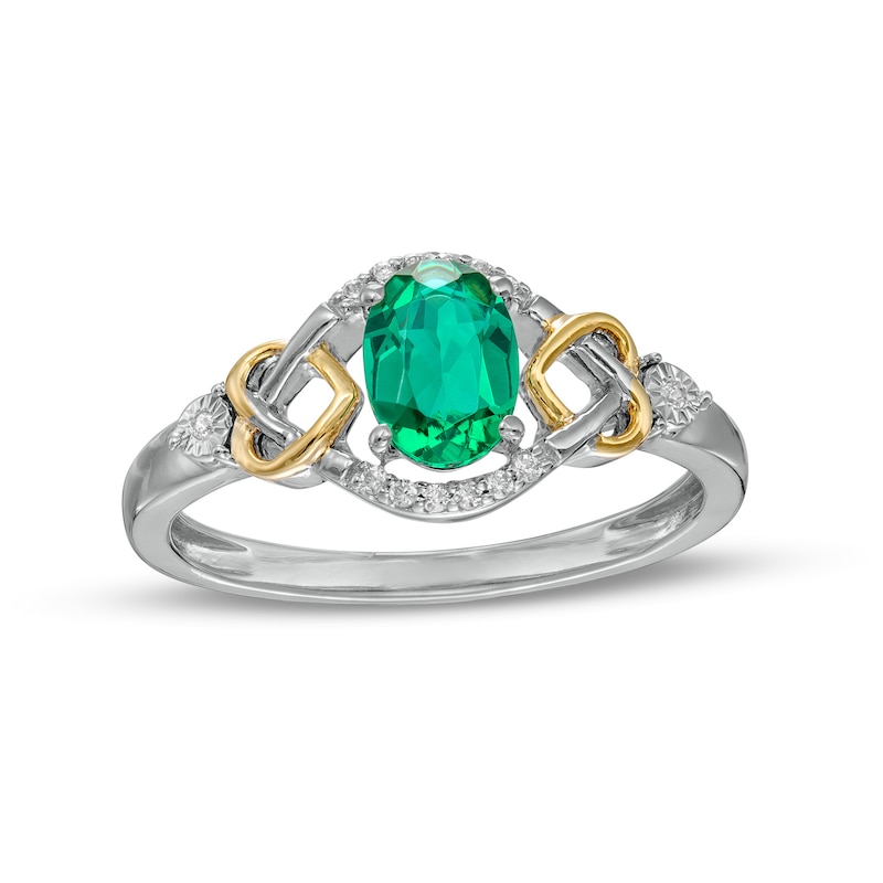 Oval Lab-Created Emerald and 0.04 CT. T.W. Diamond Frame Intertwined Frame Ring in Sterling Silver and 10K Gold|Peoples Jewellers
