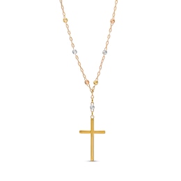 Cross and Brilliance Bead Station &quot;Y&quot; Necklace in 10K Tri-Tone Gold - 17&quot;