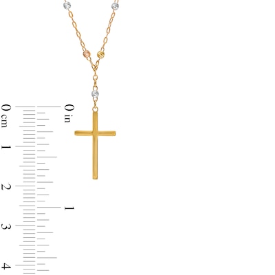 Cross and Brilliance Bead Station "Y" Necklace in 10K Tri-Tone Gold - 17"