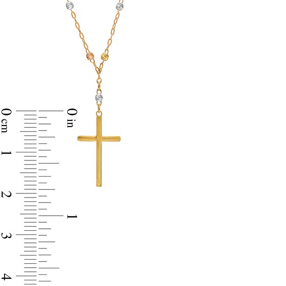 Cross and Brilliance Bead Station "Y" Necklace in 10K Tri-Tone Gold - 17"