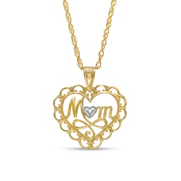 Cursive &quot;Mom&quot; with Beaded Heart Accent and Swirl Ribbon Scallop Frame Heart Pendant in 10K Two-Tone Gold