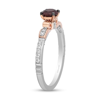 Enchanted Disney Snow White 5.0mm Garnet and 0.18 CT. T.W. Diamond Bow Promise Ring in Sterling Silver and 10K Rose Gold