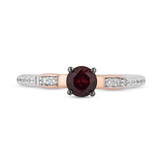 Enchanted Disney Snow White 5.0mm Garnet and 0.18 CT. T.W. Diamond Bow Promise Ring in Sterling Silver and 10K Rose Gold