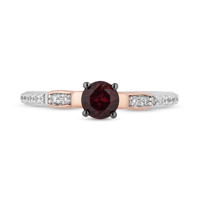 Enchanted Disney Snow White 5.0mm Garnet and 0.18 CT. T.W. Diamond Bow Promise Ring in Sterling Silver and 10K Rose Gold|Peoples Jewellers