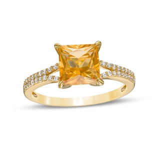 7.0mm Princess-Cut Citrine and White Lab-Created Sapphire Split Shank Ring in 10K Gold