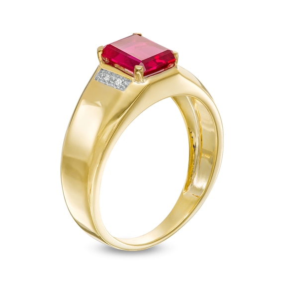 Men's Emerald-Cut Lab-Created Ruby and Diamond Accent Collar Bevelled Edge Ring in 10K Gold