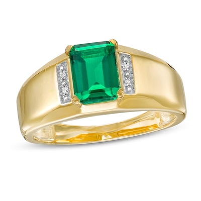 Men's Emerald-Cut Lab-Created Emerald and Diamond Accent Collar Bevelled Edge Ring in 10K Gold