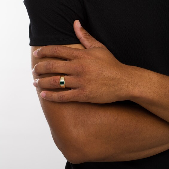 Men's Emerald-Cut Lab-Created Emerald and Diamond Accent Collar Bevelled Edge Ring in 10K Gold