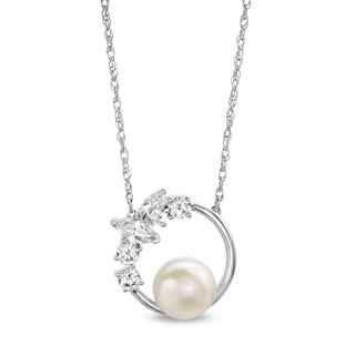 Freshwater Cultured Pearl and Multi-Shape White Lab-Created Sapphire Scatter Open Circle Necklace in Sterling Silver