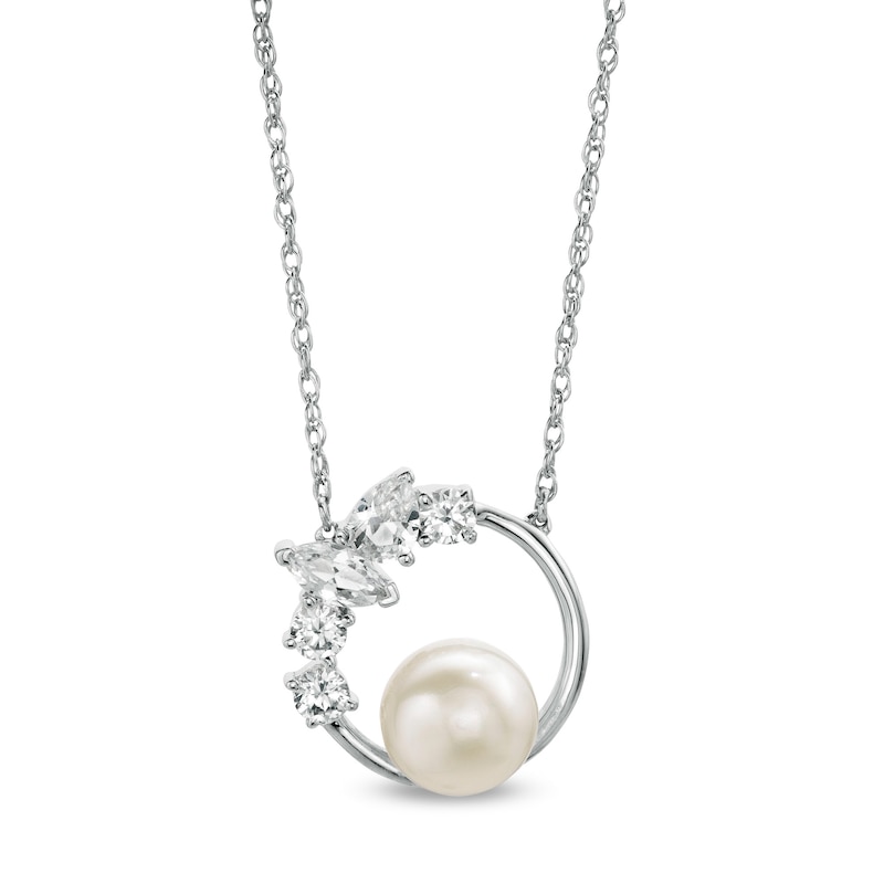 Freshwater Cultured Pearl and Multi-Shape White Lab-Created Sapphire Scatter Open Circle Necklace in Sterling Silver|Peoples Jewellers