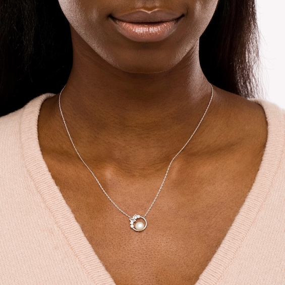 Freshwater Cultured Pearl and Multi-Shape White Lab-Created Sapphire Scatter Open Circle Necklace in Sterling Silver