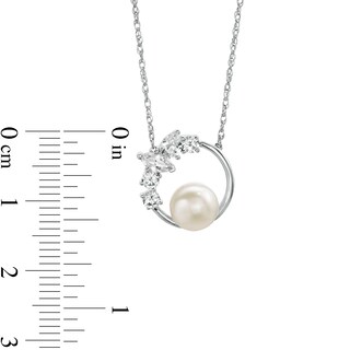 Freshwater Cultured Pearl and Multi-Shape White Lab-Created Sapphire Scatter Open Circle Necklace in Sterling Silver