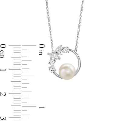 Freshwater Cultured Pearl and Multi-Shape White Lab-Created Sapphire Scatter Open Circle Necklace in Sterling Silver