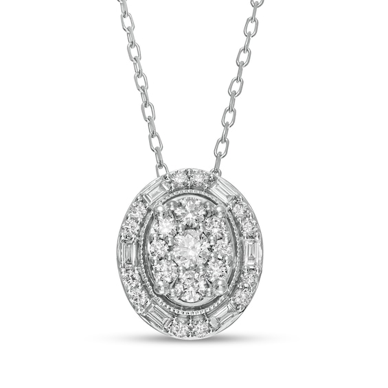 CT. T.W. Composite Oval Diamond Frame Vintage-Style Pendant in 10K White Gold