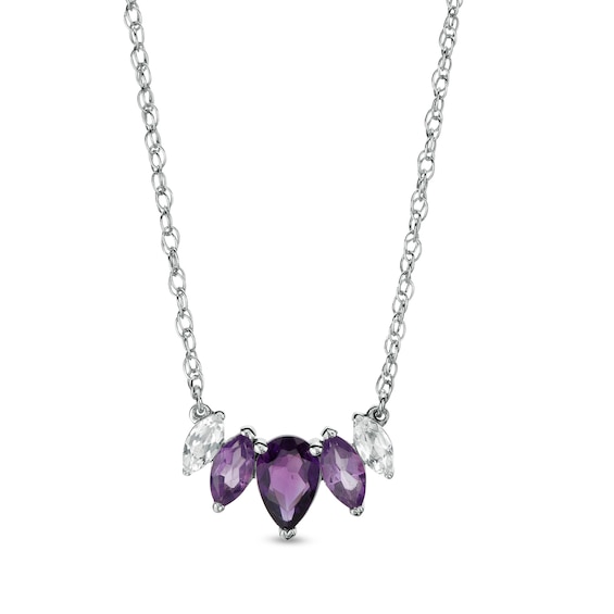 Pear-Shaped and Marquise Amethyst and White Lab-Created Sapphire Graduated Five Stone Curved Necklace in Sterling Silver