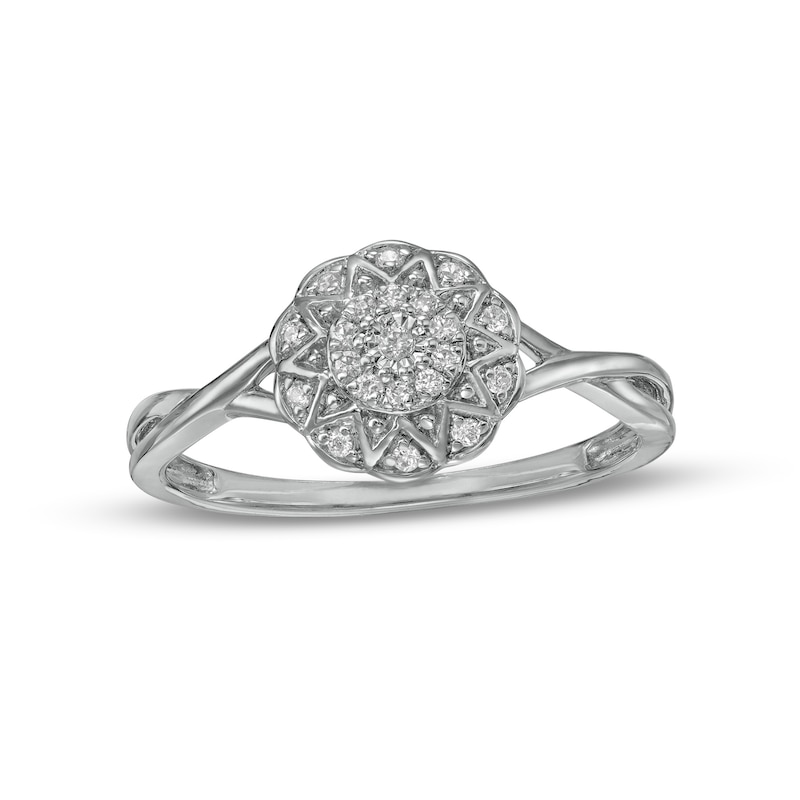 0.10 CT. T.W. Composite Diamond Flower Frame Twist Shank Promise Ring in 10K White Gold