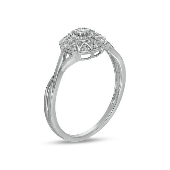 0.10 CT. T.W. Composite Diamond Flower Frame Twist Shank Promise Ring in 10K White Gold